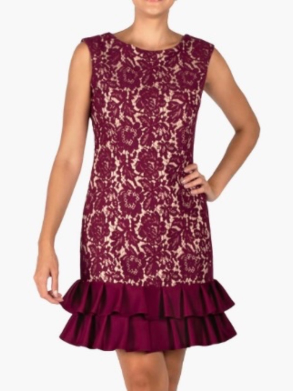Donna Ricco Women's Bonded Lace Sheath Dress with Ruffle Trim Hem
